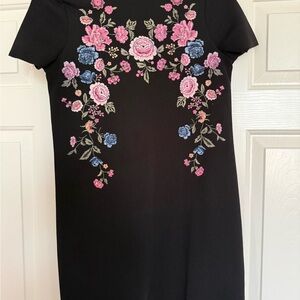 Xhilaration Black Mini Dress with Pink and Blue Floral Design